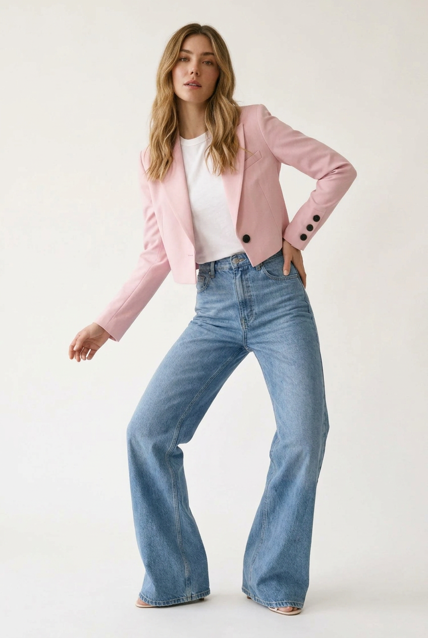 A woman modeling a light pink cropped blazer with black buttons, worn over a white t-shirt and blue jeans, against a plain off-white studio background.