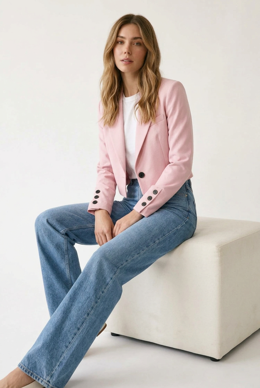 A woman modeling a light pink cropped blazer with black buttons, worn over a white t-shirt and blue jeans, against a plain off-white studio background.