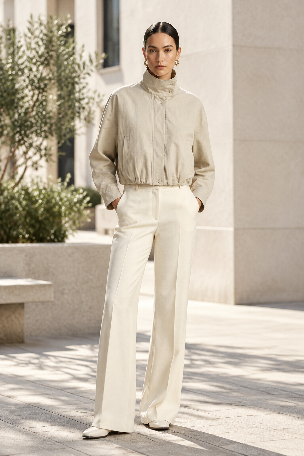 A model wearing a light beige cropped jacket with a high mock neck and drawstring details, paired with cream-colored trousers, against a plain off-white studio background.