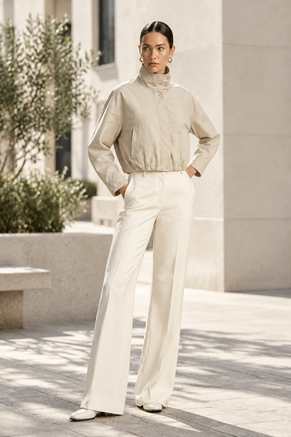 A woman stands outdoors in a sunlit architectural setting wearing a light beige high-neck cropped jacket and matching off-white wide-leg trousers.