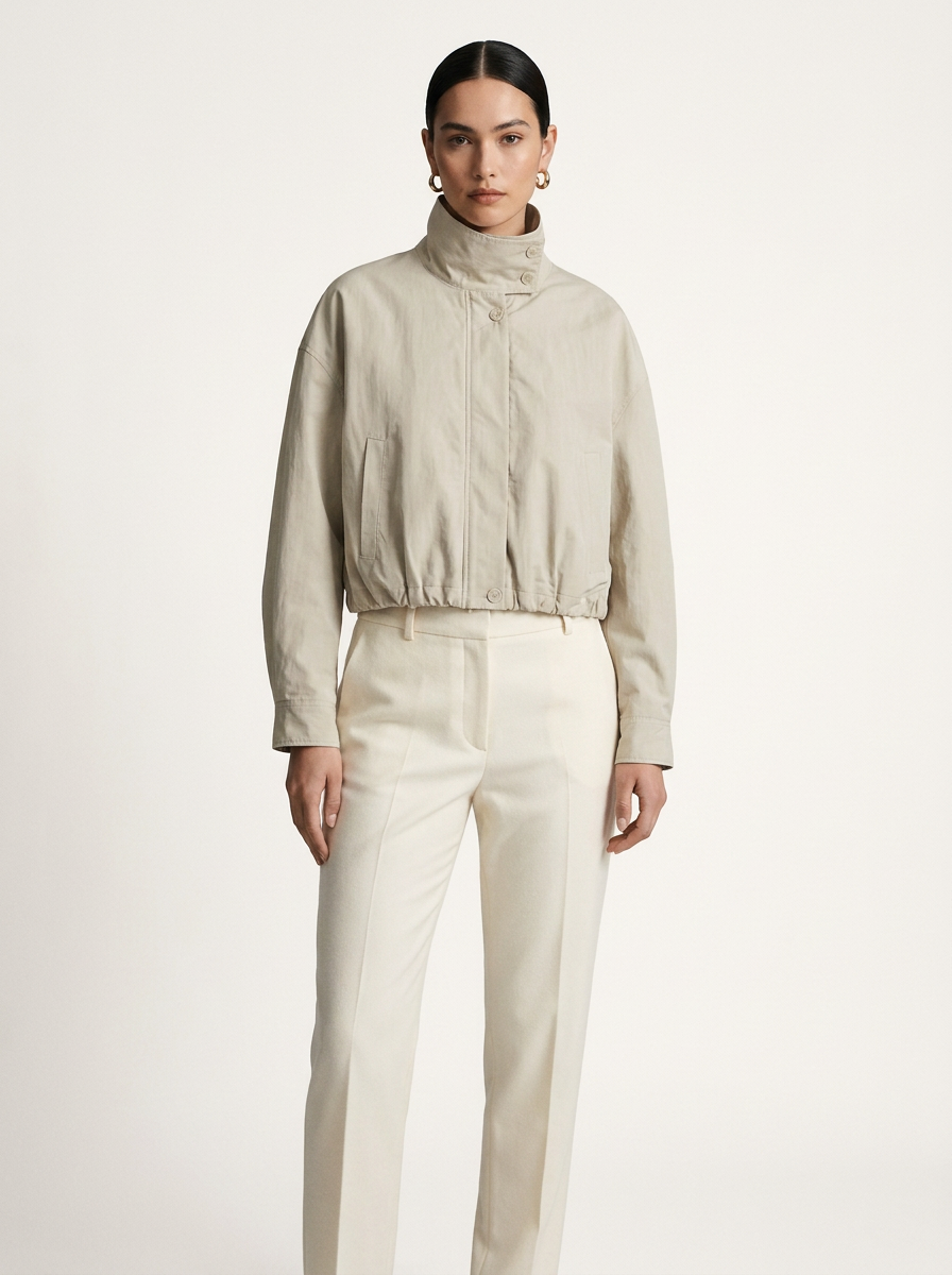 Cropped Slub Cotton Jacket with Tulip Silhouette and Striped Cuffs in Light Green, studio shot