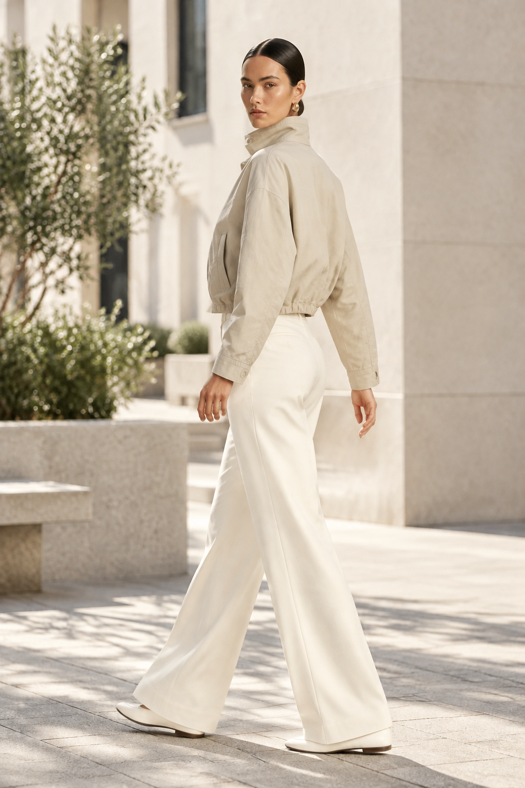 A woman wearing a beige cropped jacket and white wide-leg trousers walks outdoors on a sunlit stone walkway near modern buildings and plants.