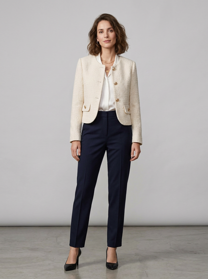 A woman stands in a studio wearing a cream textured blazer with gold buttons over a white blouse, navy blue trousers, and black heels.