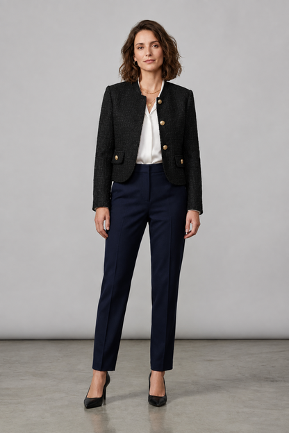 A woman stands in a studio wearing a cream textured blazer with gold buttons over a white blouse, navy blue trousers, and black heels.