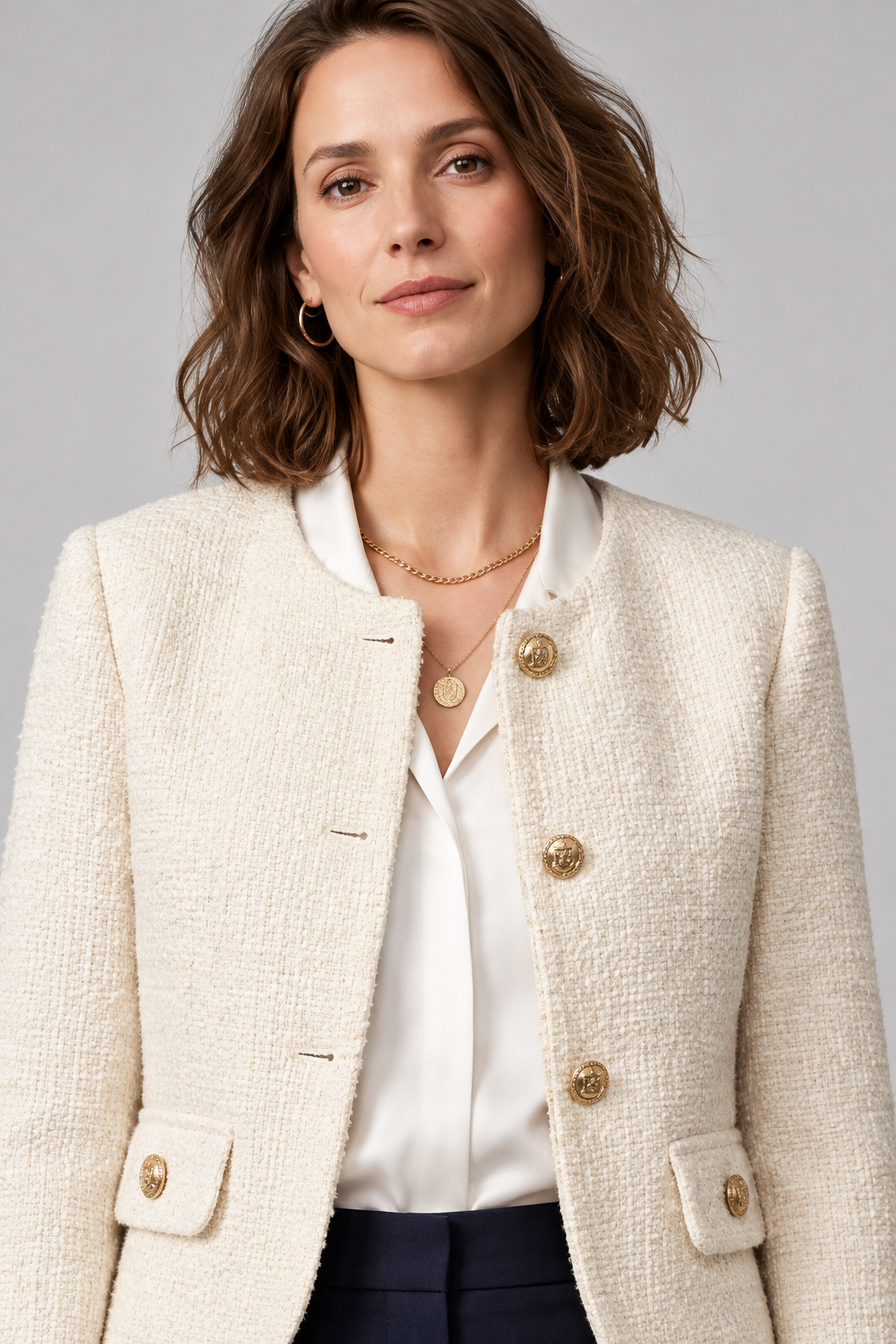 A woman wearing a cream-colored textured tweed blazer with gold buttons over a white blouse and navy trousers, photographed against a neutral gray studio background.
