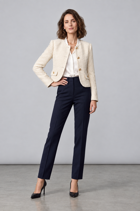 A woman models a short cream tweed jacket with gold buttons, paired with navy blue trousers, a white blouse, and black heels, against a neutral gray studio background.