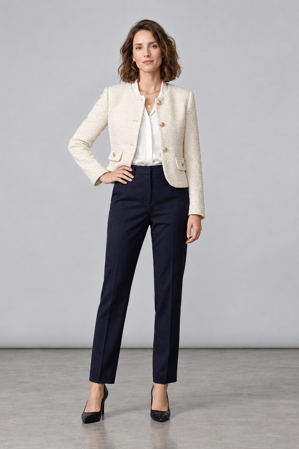 A woman stands in a studio wearing a cropped cream tweed blazer with gold buttons over a white blouse, navy blue trousers, and black heels against a light gray background.