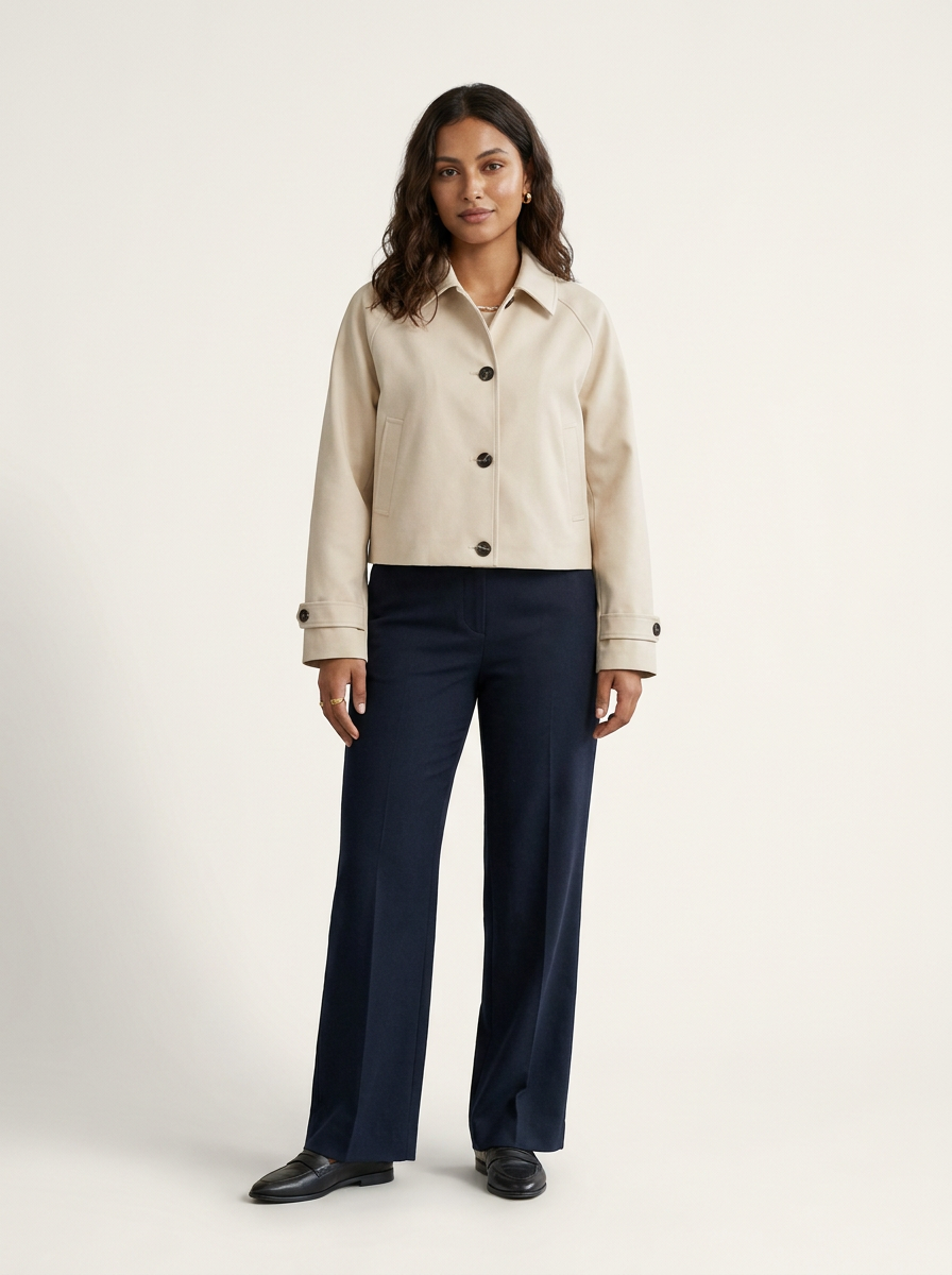 A woman modeling a cropped beige button-front jacket with dark buttons, paired with navy wide-leg trousers and black shoes, against a plain light beige studio background.