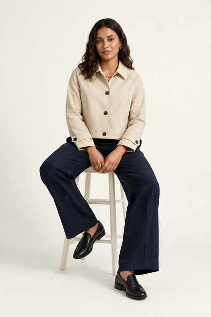 A woman modeling a cropped beige button-front jacket with dark buttons, paired with navy wide-leg trousers and black shoes, against a plain light beige studio background.