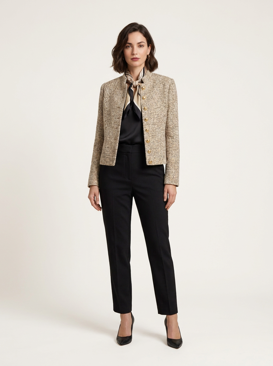 A woman models a cropped beige tweed jacket with gold buttons, worn over a black blouse with a patterned neck scarf and black trousers, against a plain light background.