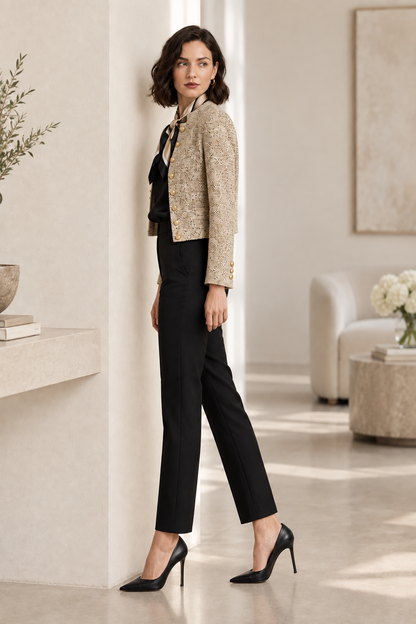 A woman stands in a bright, modern interior wearing a beige textured jacket with gold buttons, a black blouse, black trousers, and black pointed-toe heels.