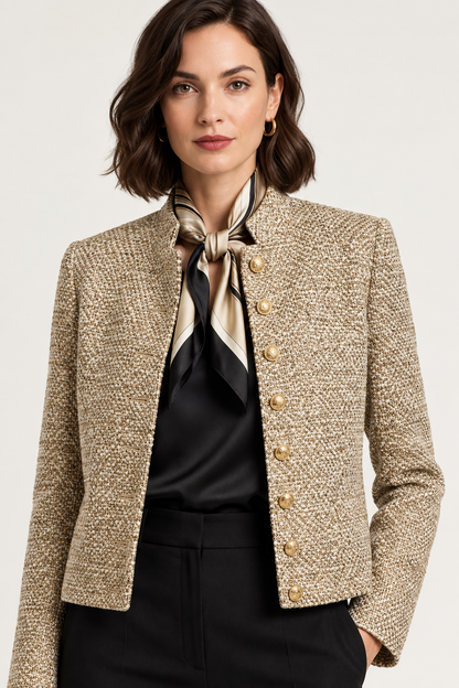 A woman models a cropped tweed jacket in a beige and brown textured weave with gold buttons, styled over a black satin blouse and black trousers against a light gray studio background.