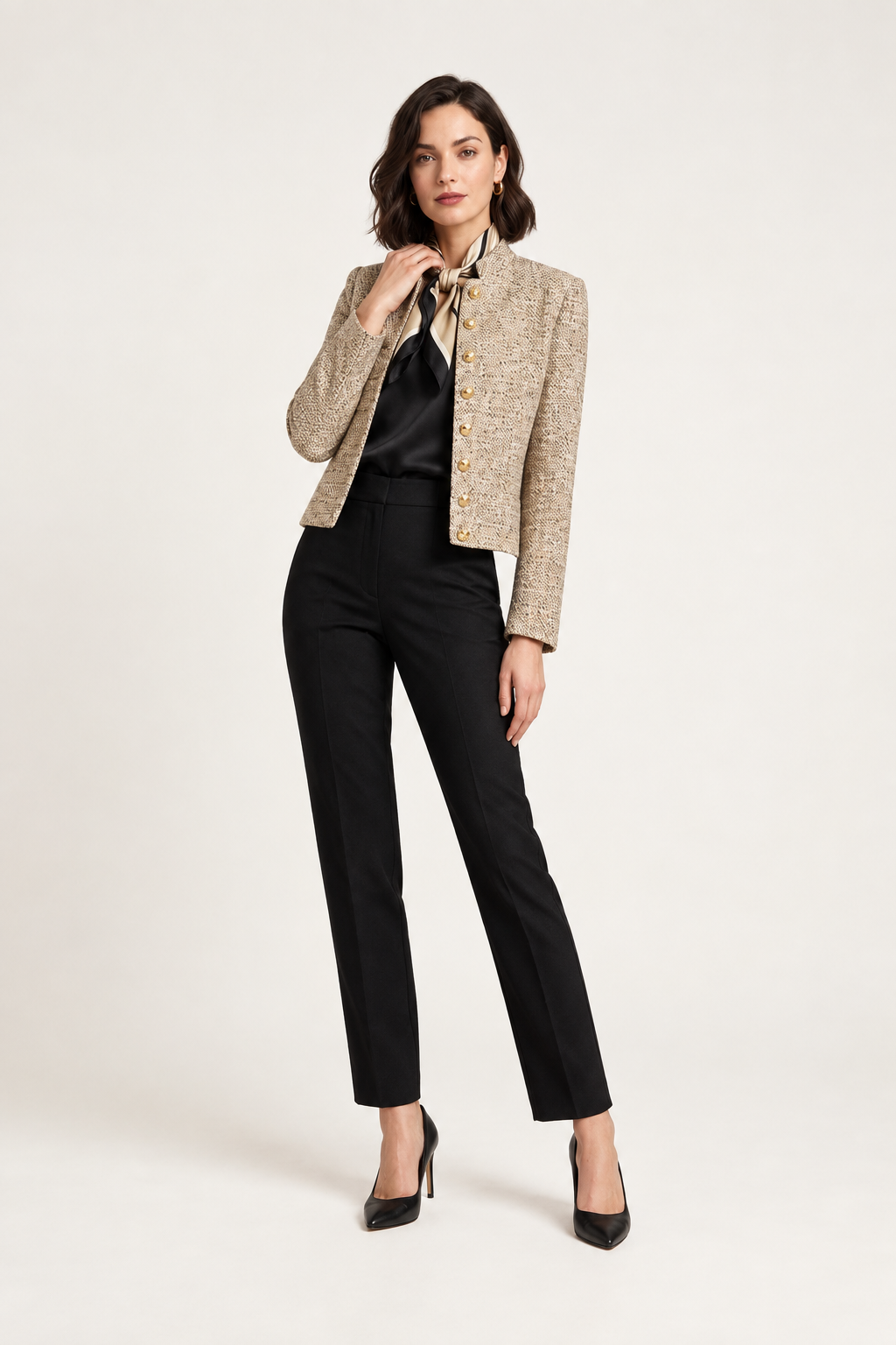 A woman models a cropped beige tweed jacket with gold buttons, worn over a black satin blouse and black trousers, against a plain light background.
