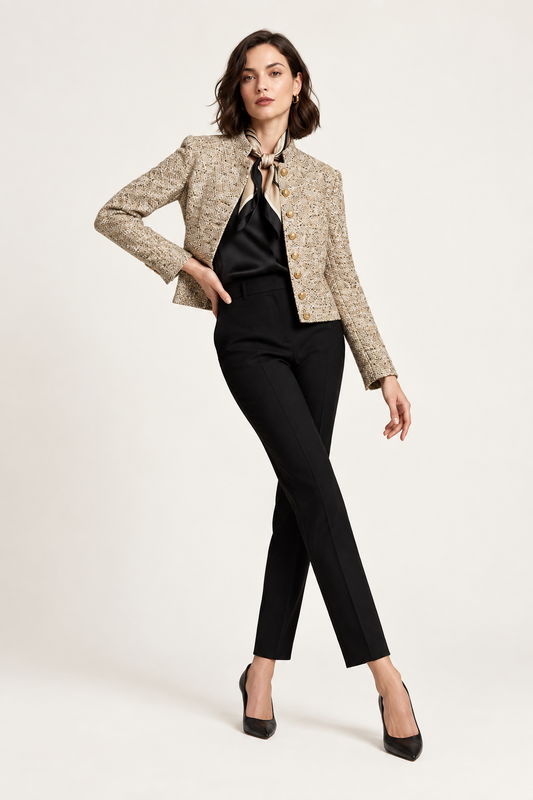A model poses in a studio wearing a cropped beige tweed jacket with gold buttons, a black satin necktie blouse, black trousers, and black heels against a light gray background.
