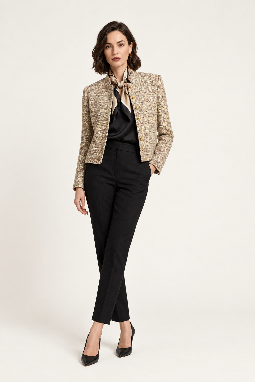 A woman models a cropped beige tweed blazer with gold buttons, styled with a black satin blouse, black trousers, and black heels against a plain light background.