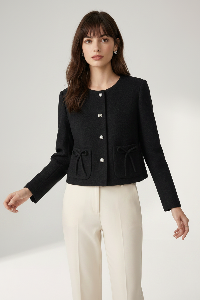 A woman modeling a black cropped tweed jacket with decorative silver buttons and drawstring details on the front pockets, paired with cream-colored trousers, against a neutral studio background.