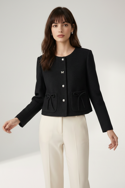 A woman modeling a black cropped tweed jacket with decorative silver buttons and drawstring details on the front pockets, paired with cream-colored trousers, against a neutral studio background.