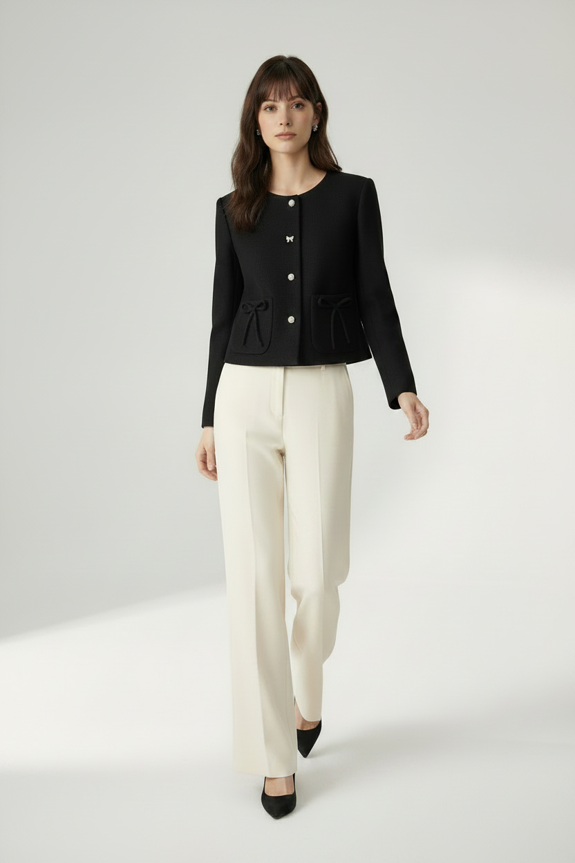 A woman modeling a black cropped jacket with silver-tone buttons and drawstring details, paired with off-white wide-leg trousers and black pointed shoes, against a light gray studio background.