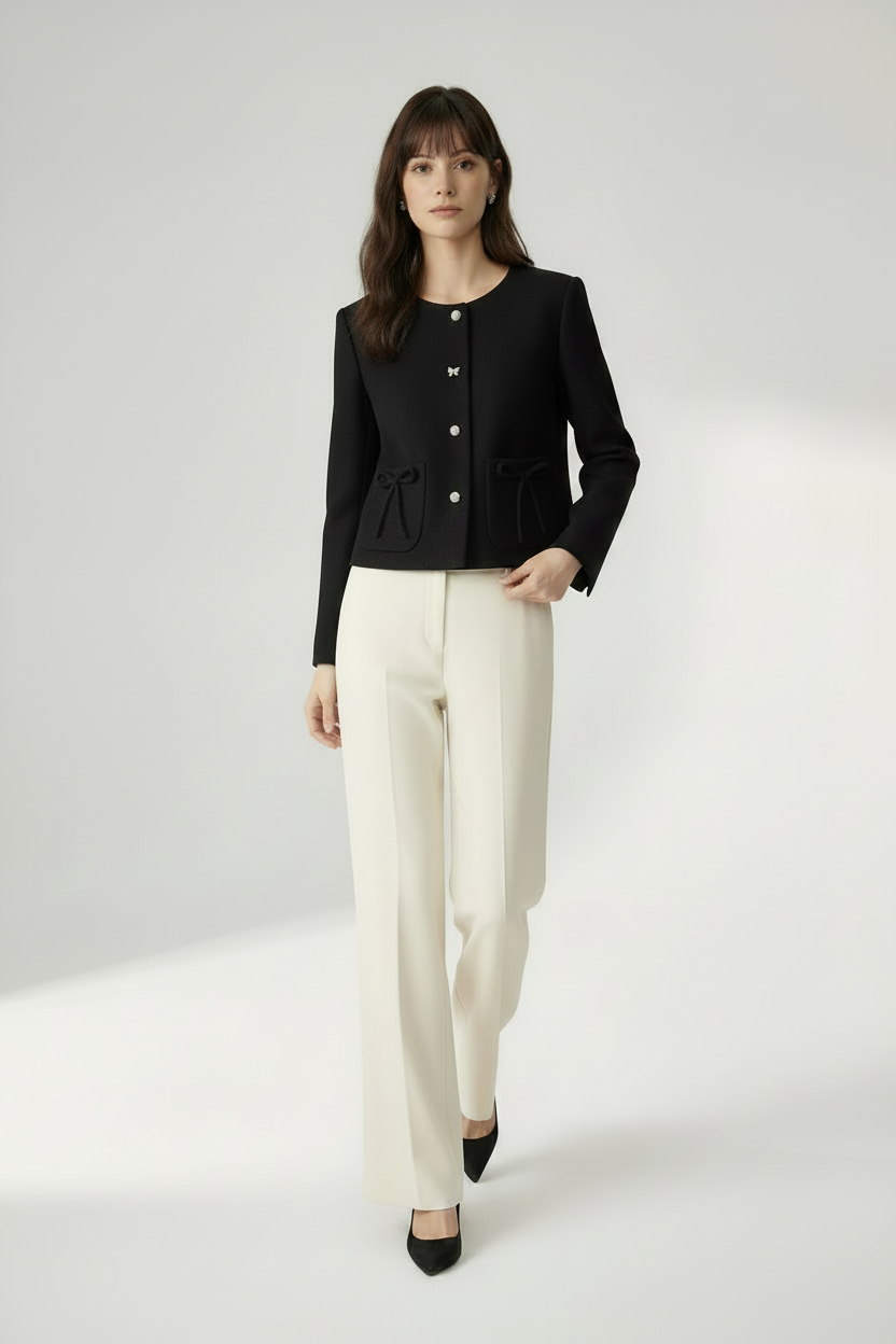 A woman models a black cropped jacket with silver-tone buttons and drawstring details, paired with off-white wide-leg trousers and black pointed-toe heels, against a light gray studio background.