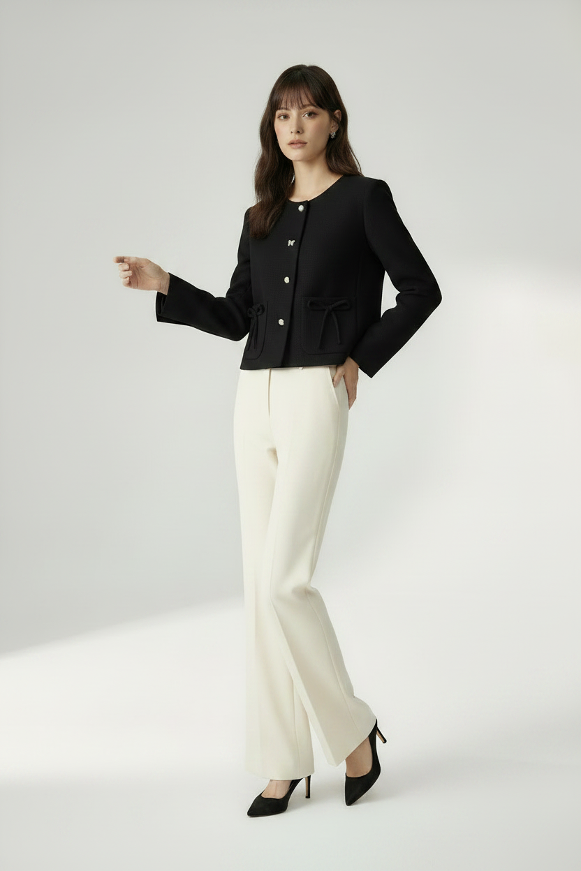 A woman modeling a black cropped jacket with silver-tone buttons and a tie detail at the waist, paired with off-white wide-leg trousers and black pointed heels, against a light gray studio background.