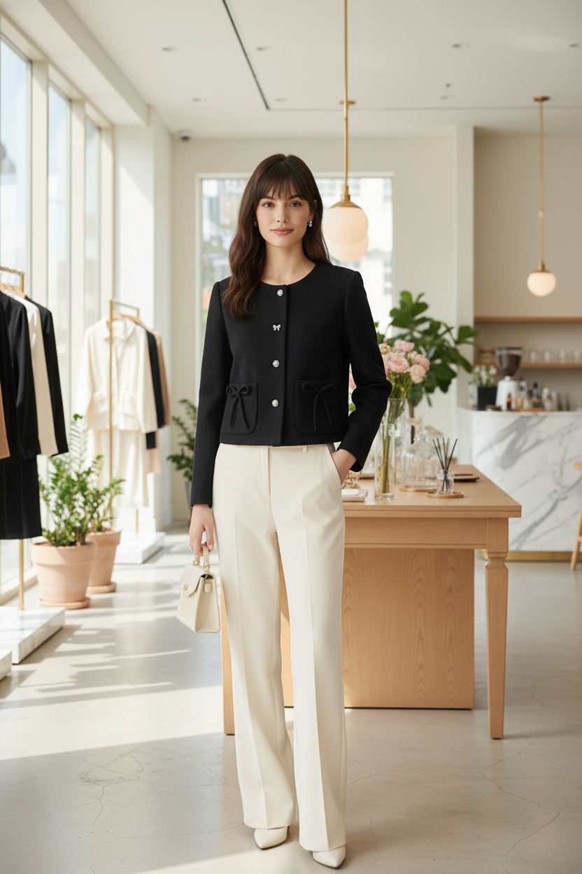 A woman modeling a black cropped tweed jacket with decorative silver buttons and drawstring details on the front pockets, paired with cream-colored trousers, against a neutral studio background.