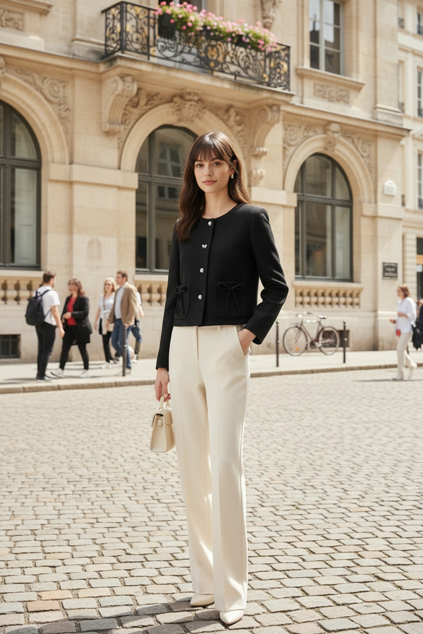 A woman stands in a bright, modern boutique wearing a black cropped jacket with button details and drawstring ties, paired with cream wide-leg trousers. She holds a small beige handbag and stands in front of a wooden display table and clothing racks.