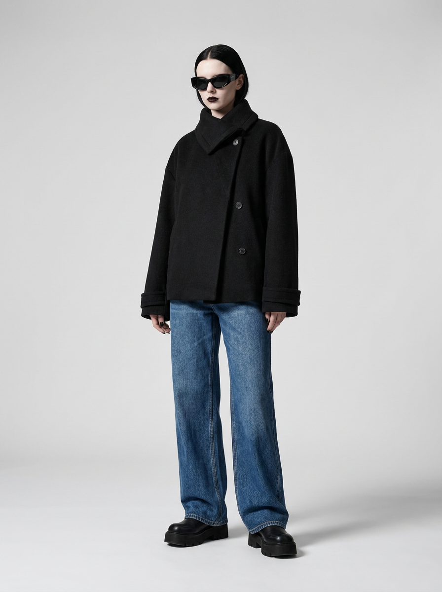 A model wearing a black double-breasted coat, blue wide-leg jeans, and black loafers, standing against a light gray studio background.