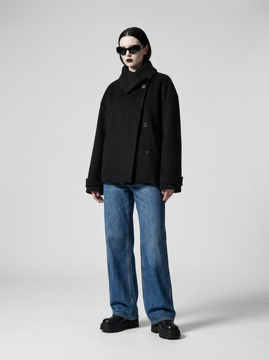 A model wearing a black double-breasted coat, blue wide-leg jeans, and black loafers, standing against a light gray studio background.