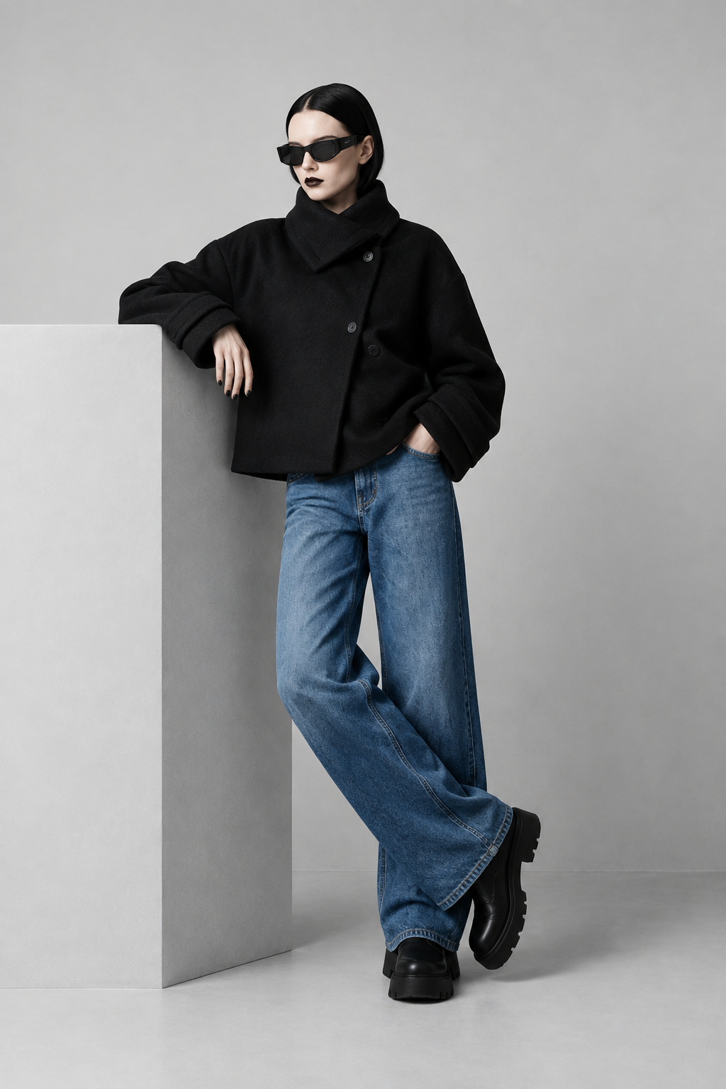 A model wearing a black oversized coat, wide-leg blue jeans, and black platform shoes leans against a white geometric pedestal in a minimalist studio setting.