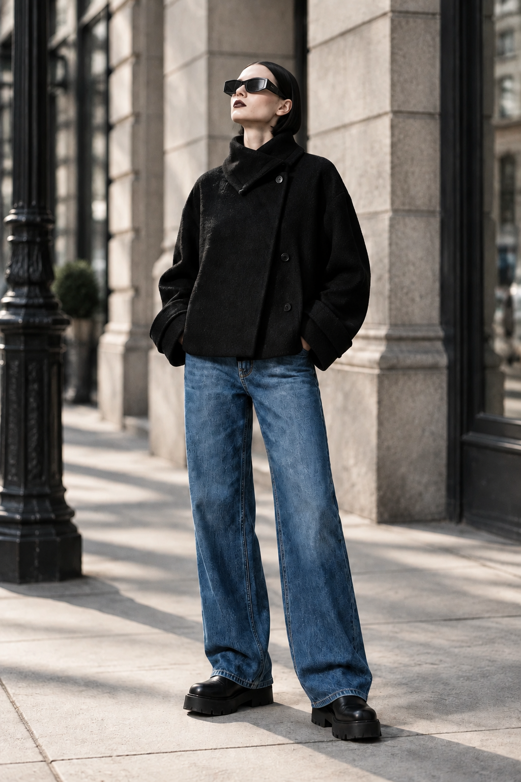 A model wearing a black oversized knit jacket, blue wide-leg jeans, and black platform shoes stands on a city sidewalk in front of a stone building.