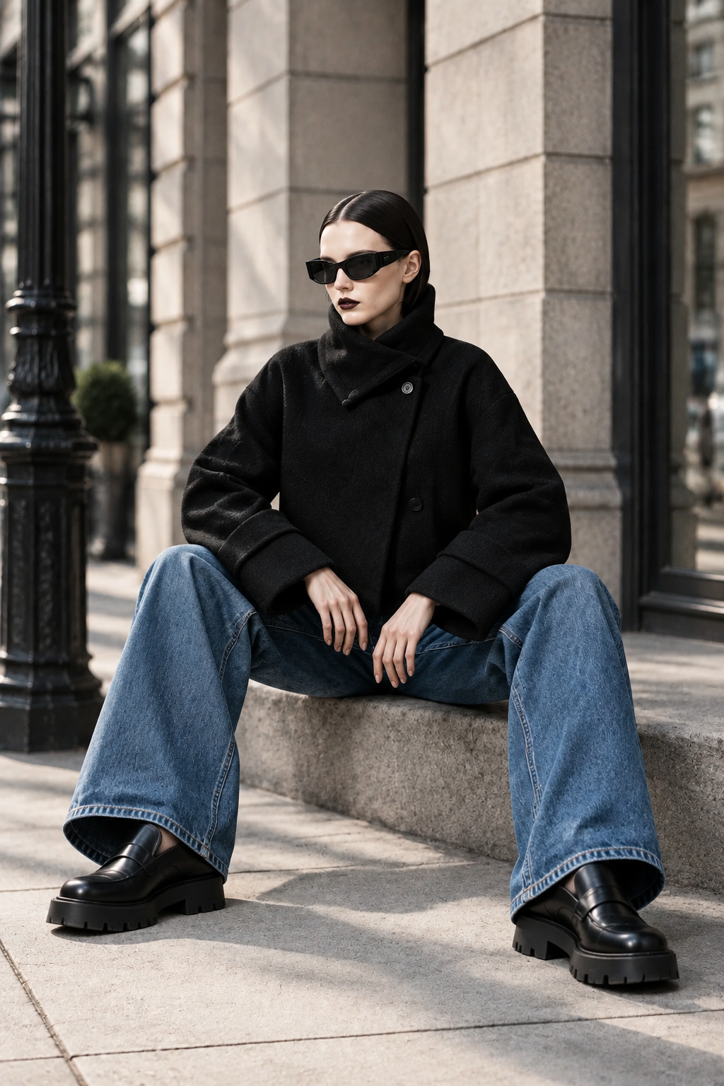 A model sits on stone steps wearing a black asymmetrical coat, wide-leg blue jeans, black chunky loafers, and black sunglasses in an urban outdoor setting.