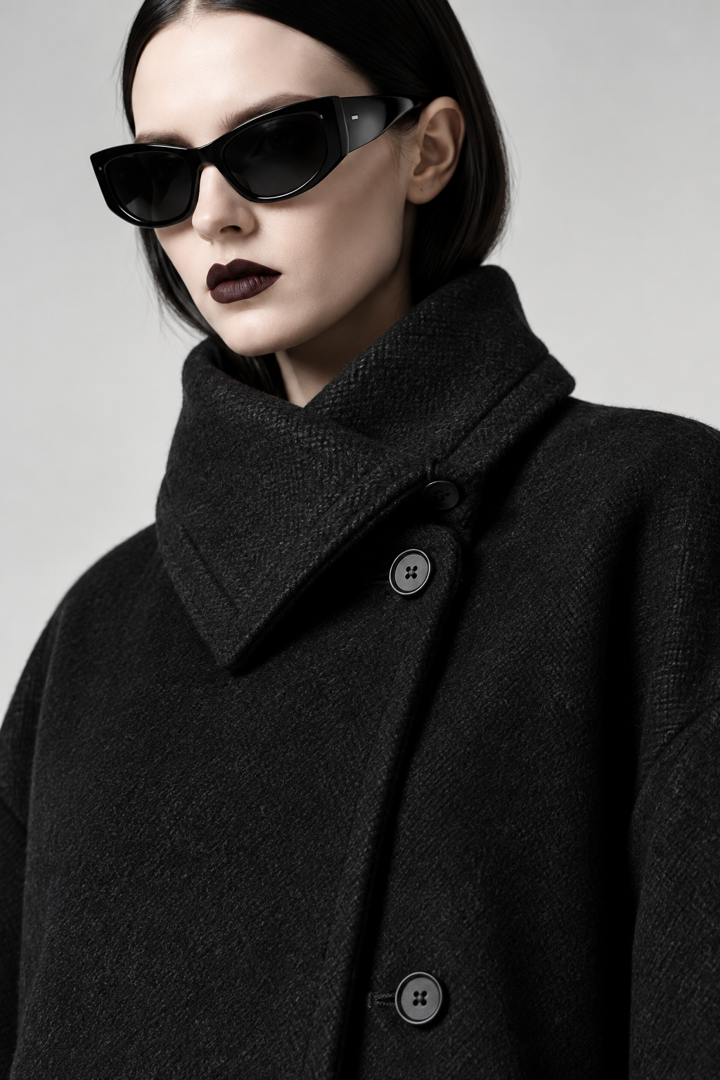 A close-up of a model wearing black cat-eye sunglasses and a dark charcoal textured coat with a high collar and dark buttons, set against a plain light gray background.