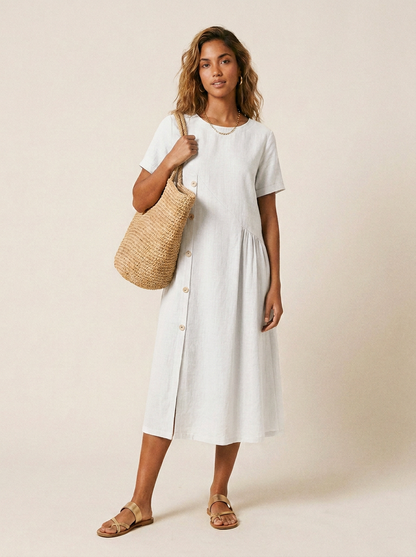 Asymmetric Button Midi Dress with Gathered Skirt and Short Sleeves in White