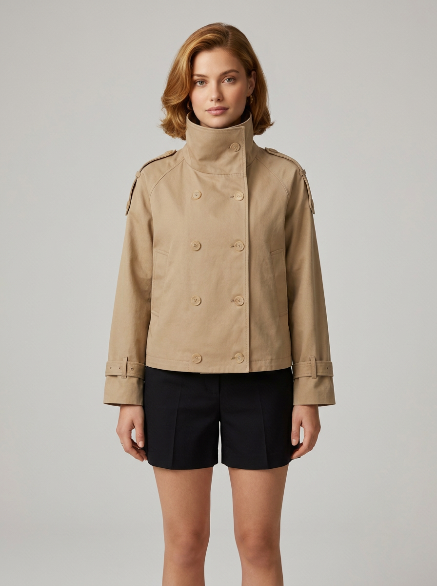 A model wearing a beige double-breasted military-style jacket with a high stand-up collar and black shorts, standing against a neutral light gray studio background.