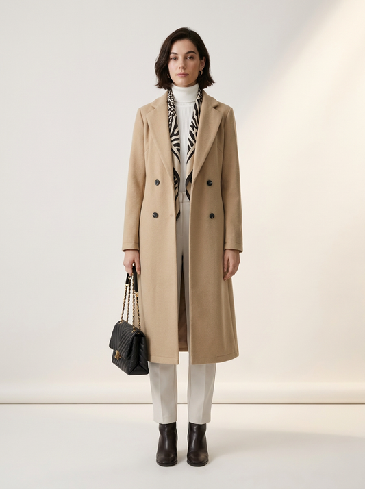 Double-Breasted Longline Overcoat with Classic Lapel in Champagne, studio shot (1 of 2)