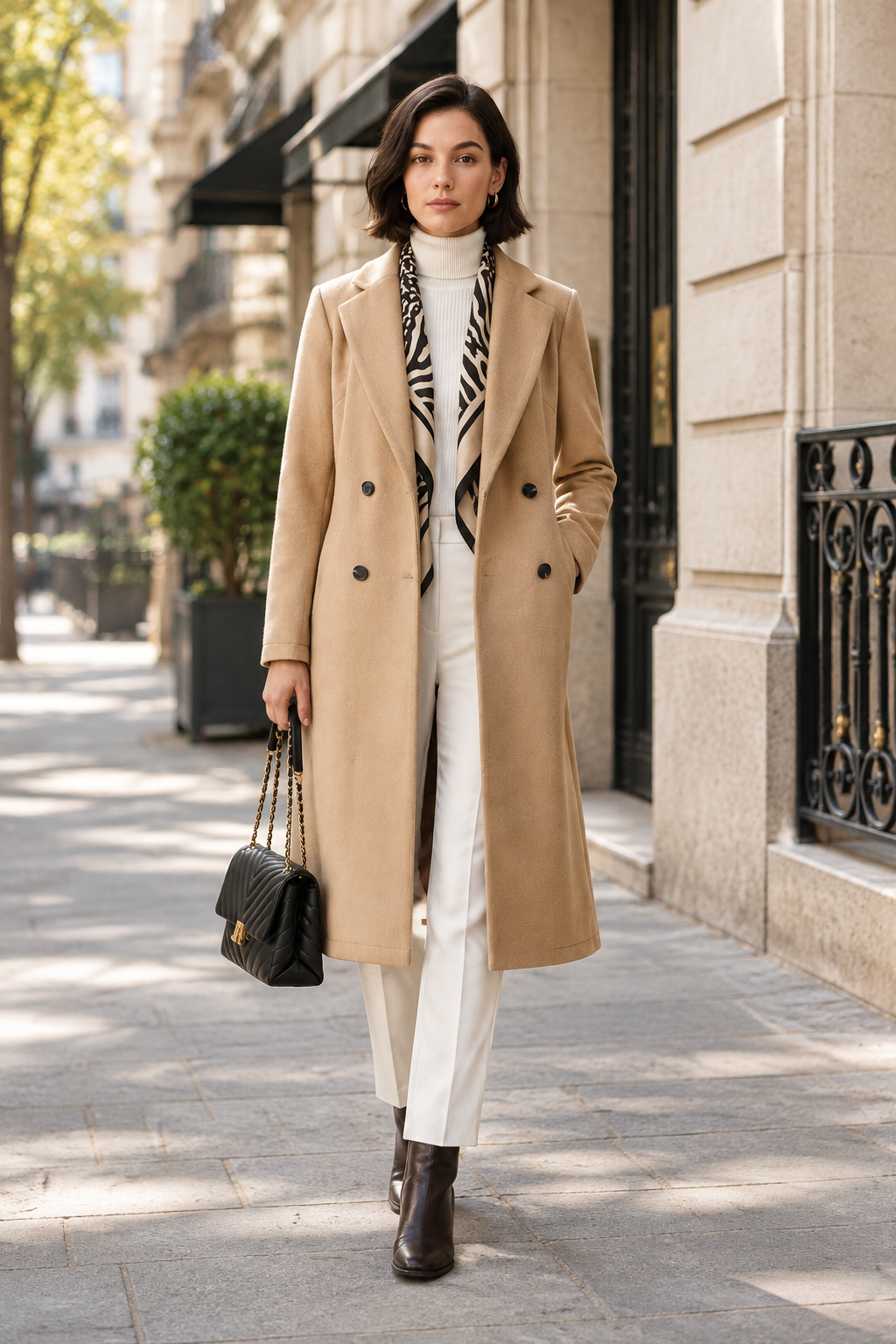 A woman stands on a city sidewalk wearing a long camel double-breasted coat over a white turtleneck and white trousers, with a black-and-white patterned scarf, dark brown ankle boots, and a black quilted handbag.