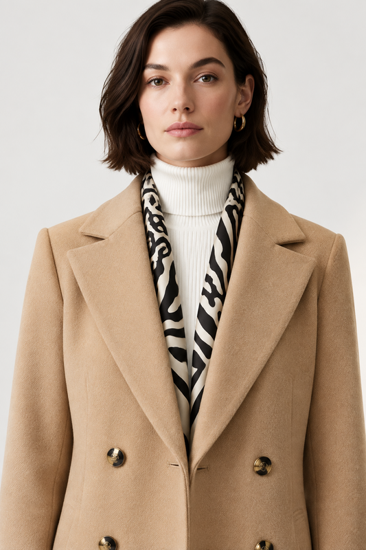 A woman wearing a camel double-breasted coat over a white ribbed turtleneck sweater and a black and white zebra-print scarf, photographed against a light gray studio background.
