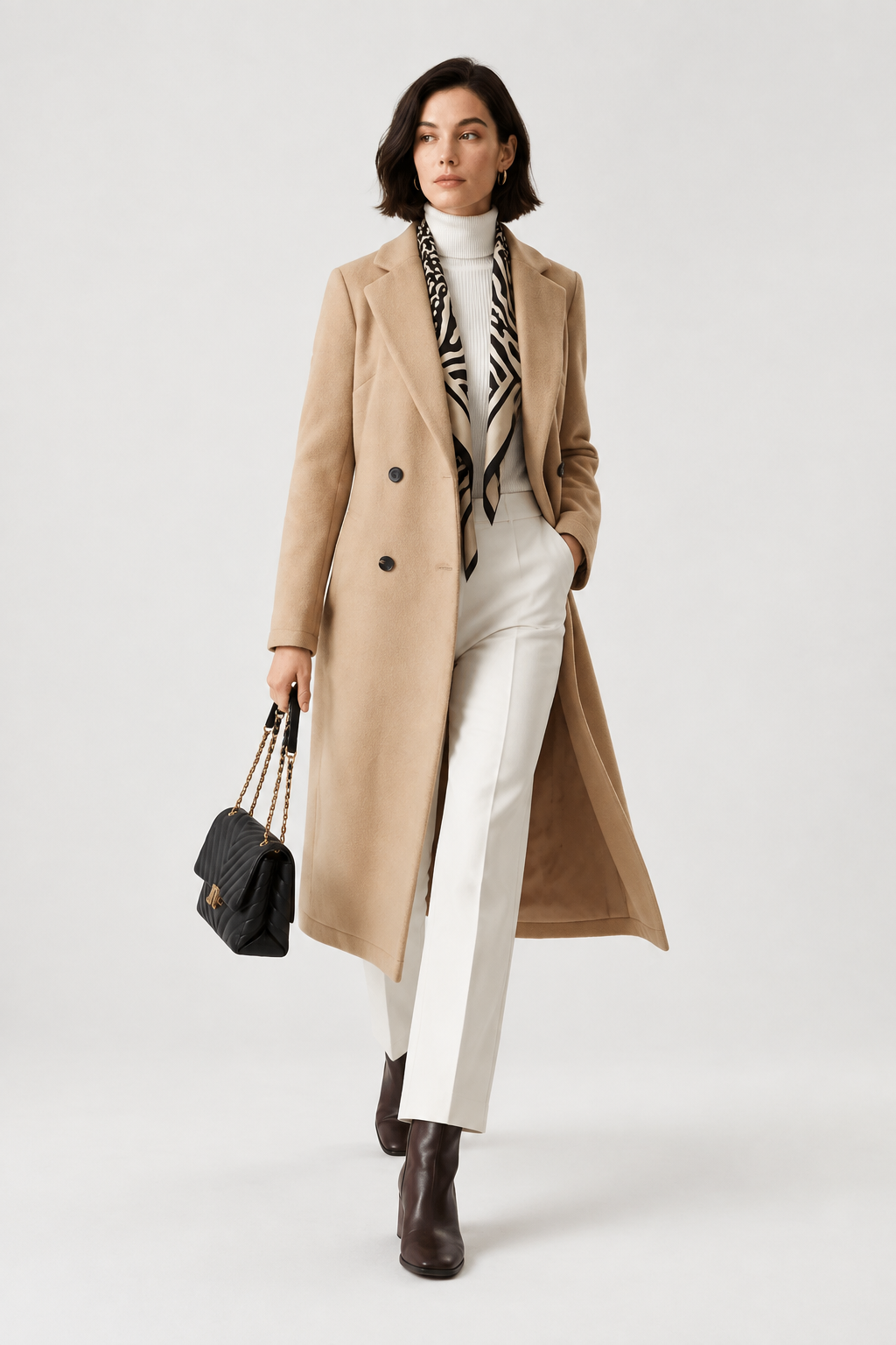 A model is shown wearing a long beige double-breasted coat, white trousers, a black and white patterned scarf, and dark brown ankle boots, while holding a black quilted handbag with a gold chain strap against a plain light gray background.