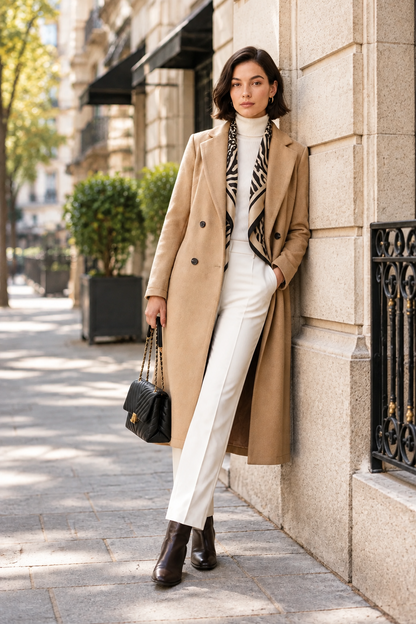 A woman stands on a city sidewalk leaning against a stone building, wearing a long camel coat over a white turtleneck and white wide-leg pants, with a black-and-white patterned scarf and dark brown ankle boots. She carries a black quilted handbag.