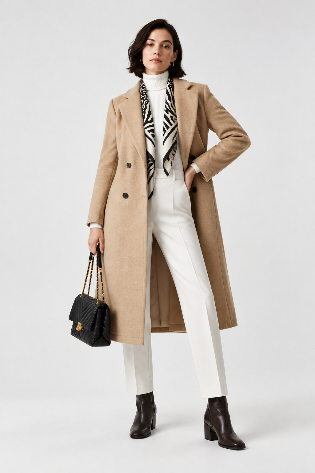 A model stands against a light gray studio background wearing a long camel coat over a white turtleneck and white trousers, with a black-and-white patterned scarf, dark brown ankle boots, and a black quilted handbag.