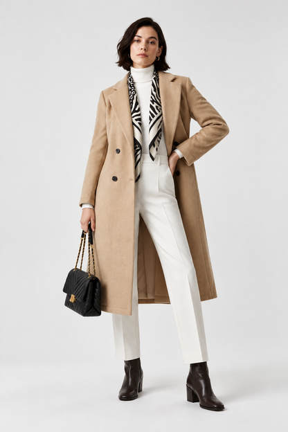 A model stands against a light gray studio background wearing a long camel coat over a white turtleneck and white trousers, with a black-and-white patterned scarf, dark brown ankle boots, and a black quilted handbag.