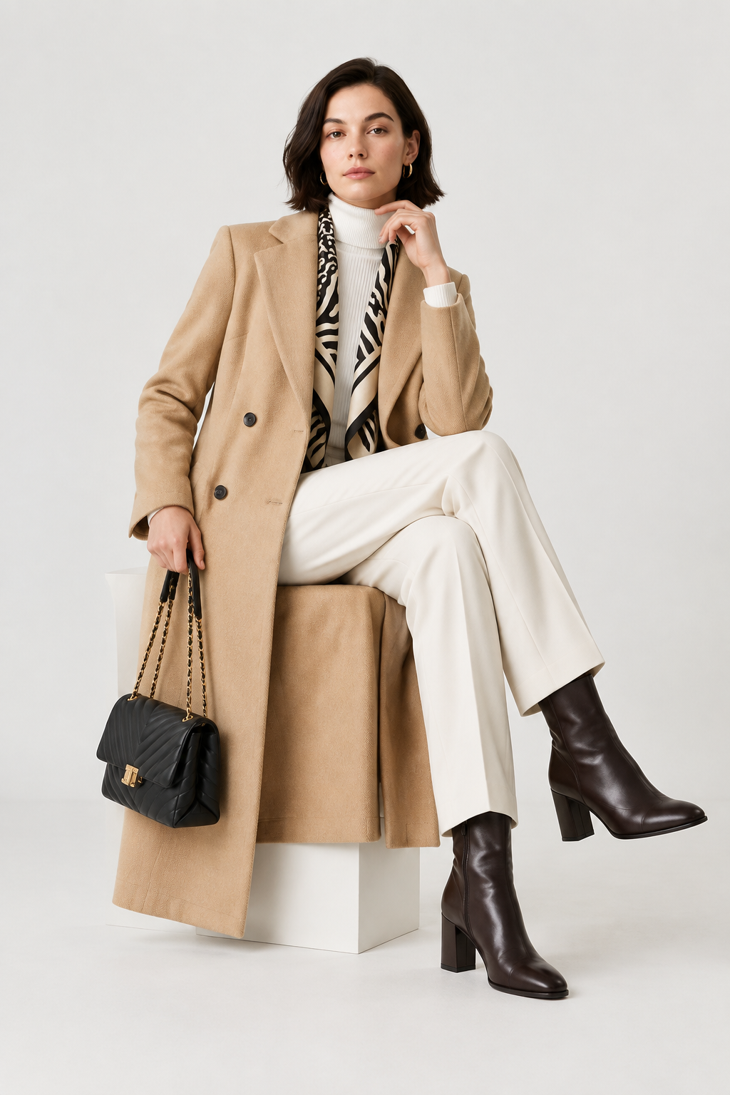 A model is seated on a white block stool wearing a camel double-breasted coat, white trousers, a black and white patterned scarf, and dark brown heeled ankle boots. She is holding a black quilted handbag with a gold clasp and chain strap.