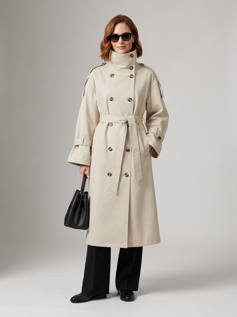 A woman modeling a long beige trench coat with a high collar, double-breasted buttons, and a self-tie belt, styled with black wide-leg trousers, black shoes, a black handbag, and sunglasses against a light gray studio background.
