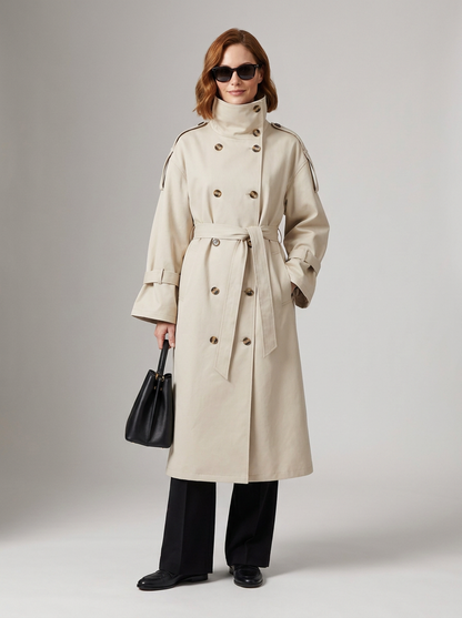 A woman modeling a long beige trench coat with a high collar, double-breasted buttons, and a self-tie belt, styled with black wide-leg trousers, black shoes, a black handbag, and sunglasses against a light gray studio background.