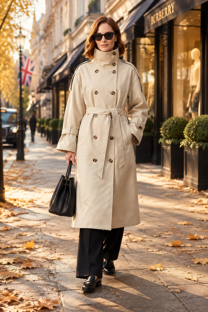 A woman wearing a beige double-breasted trench coat, black wide-leg trousers, black leather shoes, and sunglasses walks on a leaf-strewn city sidewalk. She is carrying a black handbag, with storefronts including Burberry visible in the background.