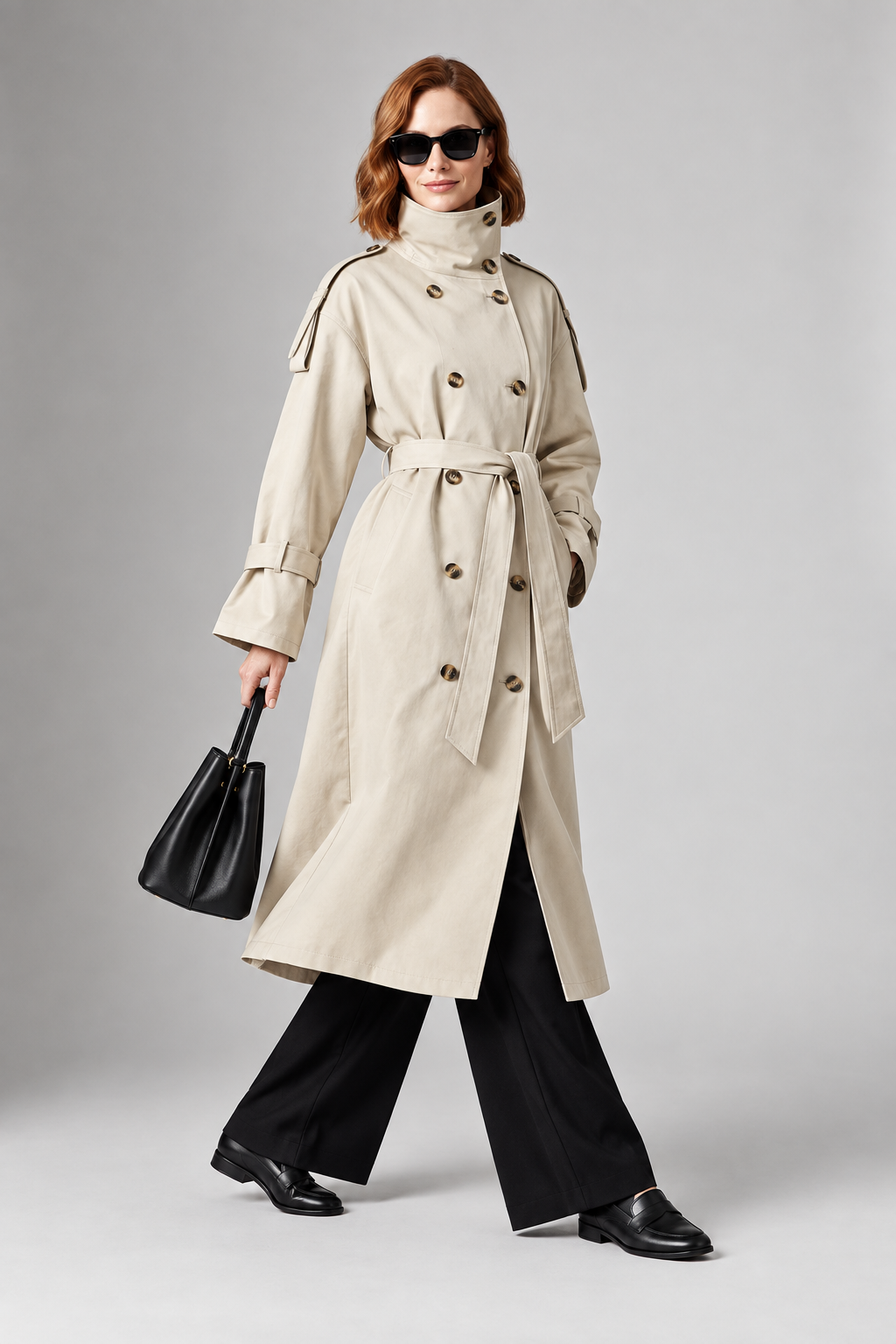 A woman modeling a long beige trench coat with a high collar, double-breasted buttons, and a matching waist tie, styled with black wide-leg trousers, black pointed-toe shoes, black sunglasses, and a black handbag against a light gray studio background.