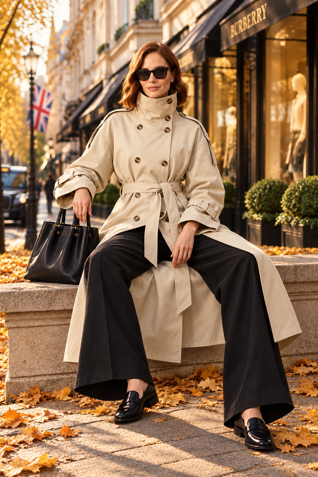 A woman sits on a stone bench in an urban street setting, wearing a beige double-breasted trench coat with a waist tie, black wide-leg trousers, black loafers, and carrying a black handbag. A Burberry storefront is visible in the background.