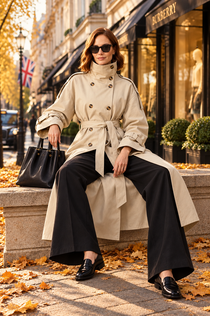 A woman sits on a stone bench in an urban street setting, wearing a beige double-breasted trench coat with a waist tie, black wide-leg trousers, black loafers, and carrying a black handbag. A Burberry storefront is visible in the background.