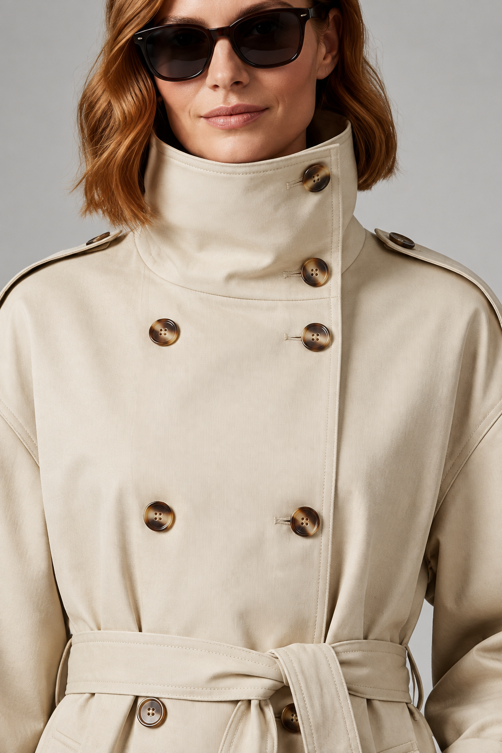 A close-up of a model wearing a beige double-breasted trench coat with a high collar and bronze-tone buttons, paired with dark sunglasses against a neutral gray background.