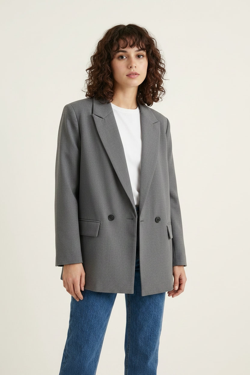 Double-Breasted Relaxed Fit Blazer with Flap Pockets in Gray, studio shot
